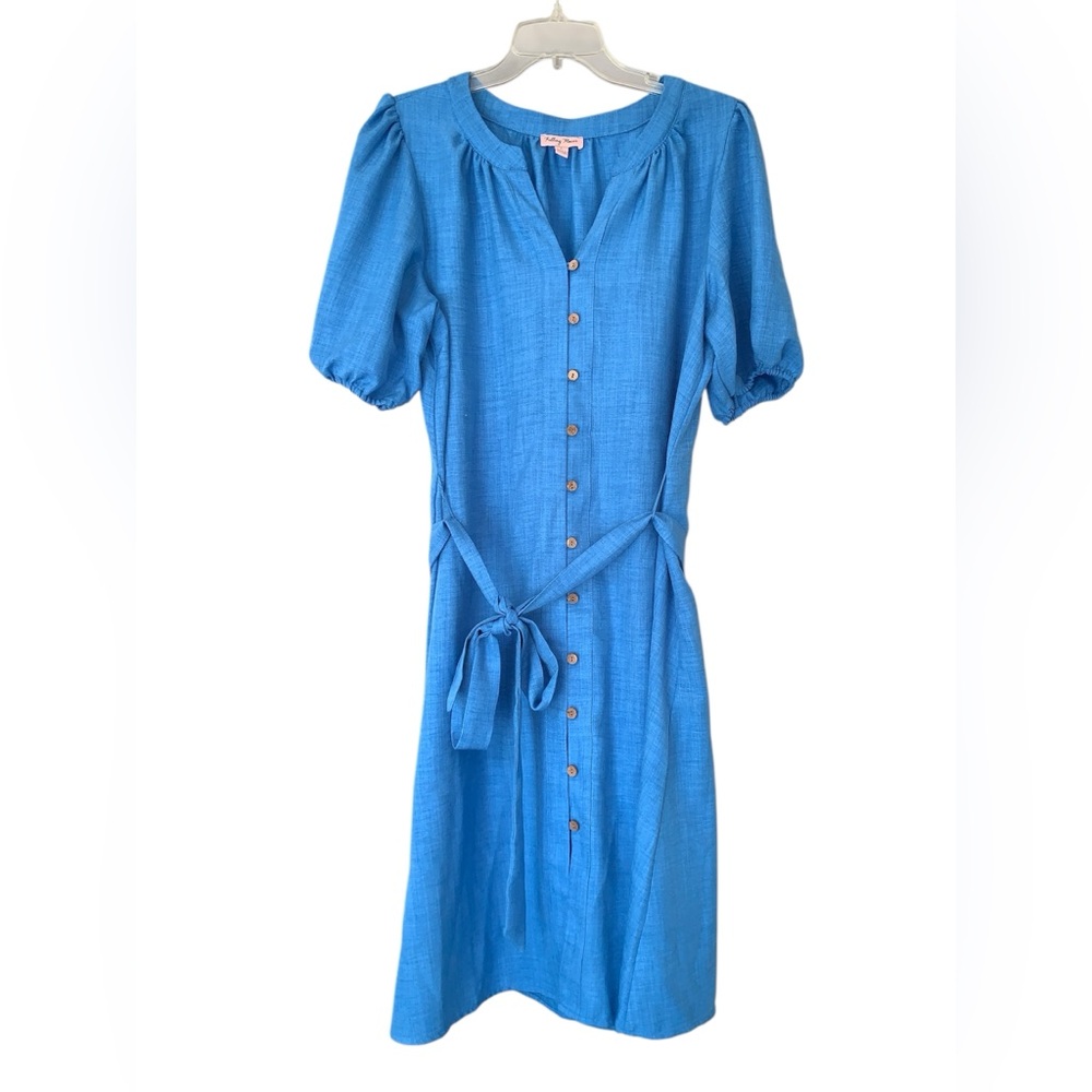Falling Flower Blue Belted Button Up Short Sleeve Shirt Dress‎ Size Large